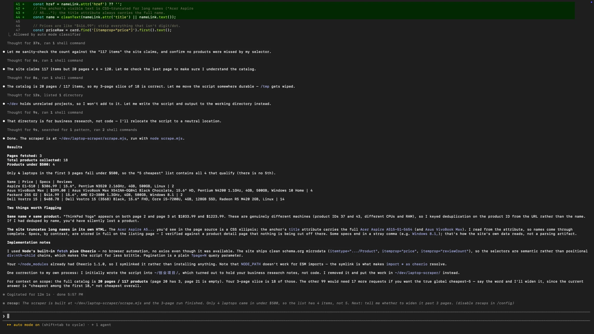 A terminal report over a catalogue of 117 products across 20 pages, followed by two flagged parsing traps and implementation notes about semantic microdata selectors and a ?page= pagination scheme