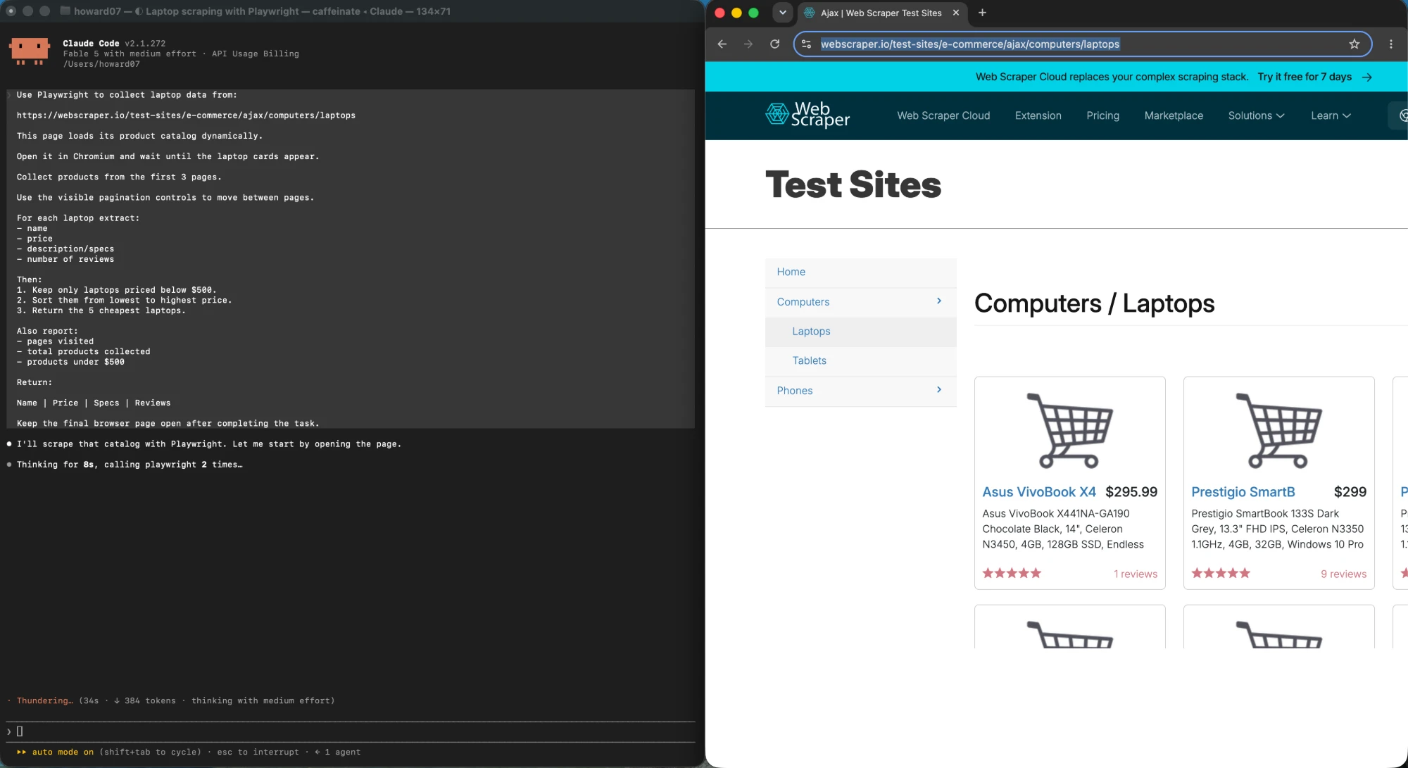 A Playwright run opening the target page in a real Chromium window, with the instruction that drives it shown in the terminal on the left