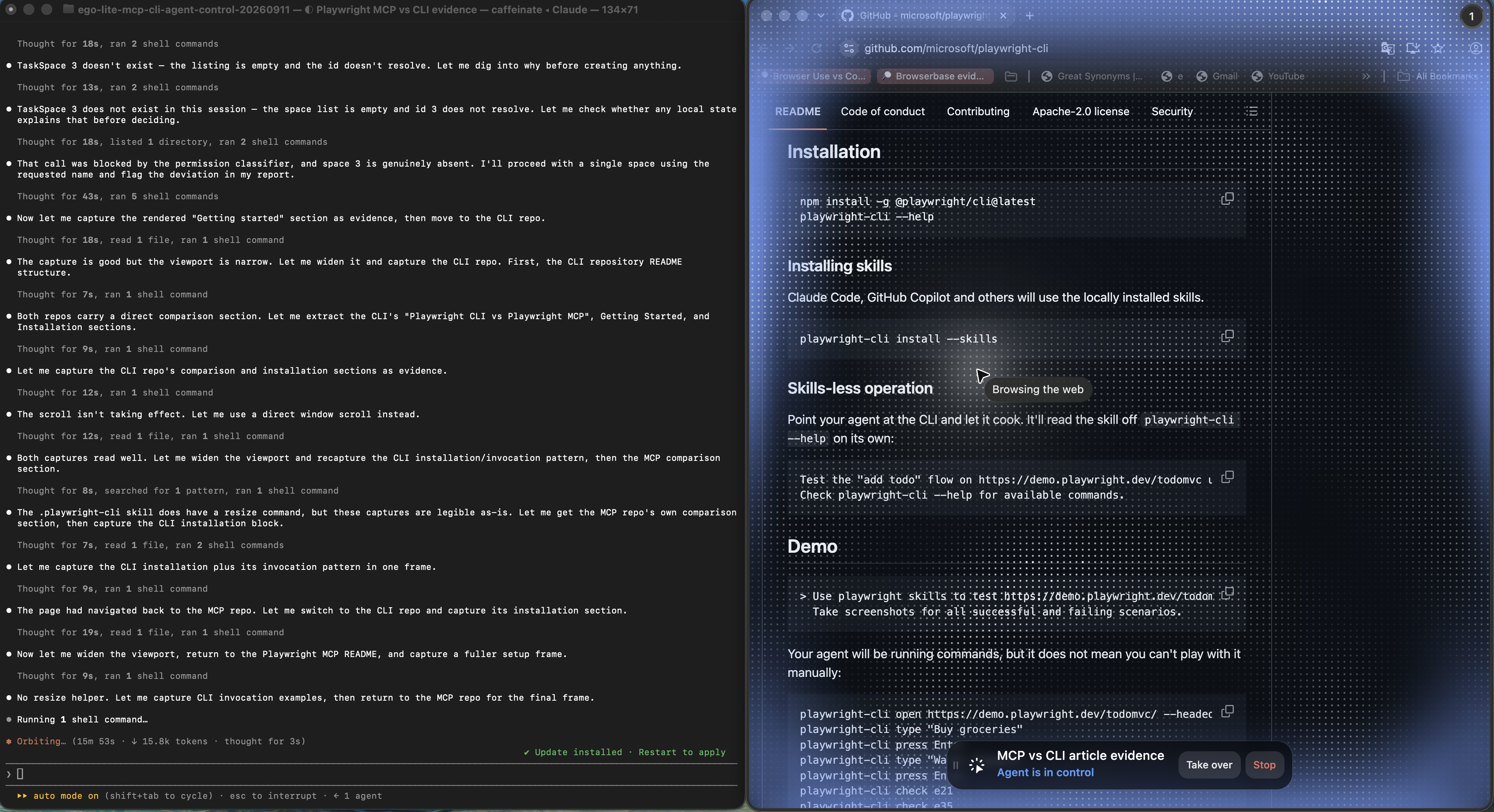 Complete desktop screenshot with Claude Code on the left and the official Playwright CLI installation and invocation documentation on the right