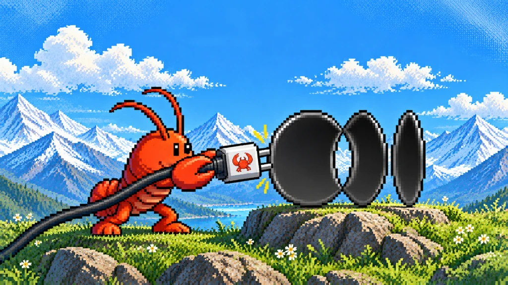 Pixel-art OpenClaw lobster connecting a browser relay cable to the ego logo