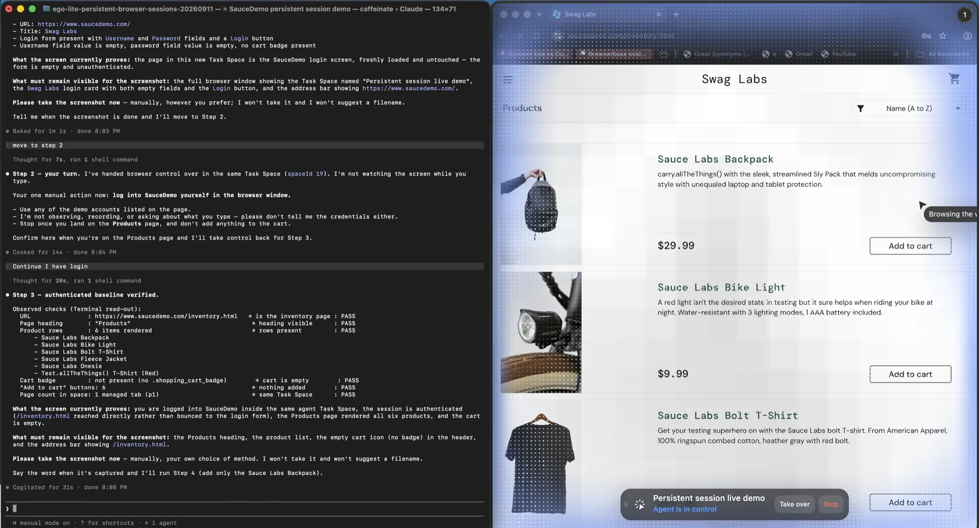 A terminal on the left running an agent-controlled browser task beside a live browser Space on the right showing a signed-in store's product list with an empty cart