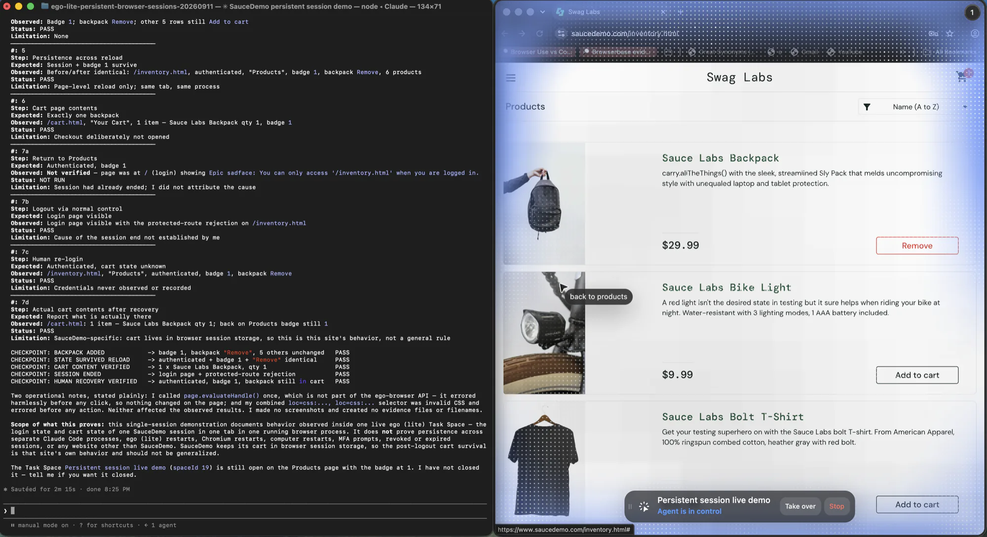 A live browser Space on the right showing a signed-in product list with a Remove button on one product, beside a terminal on the left listing verification results for each lifecycle step