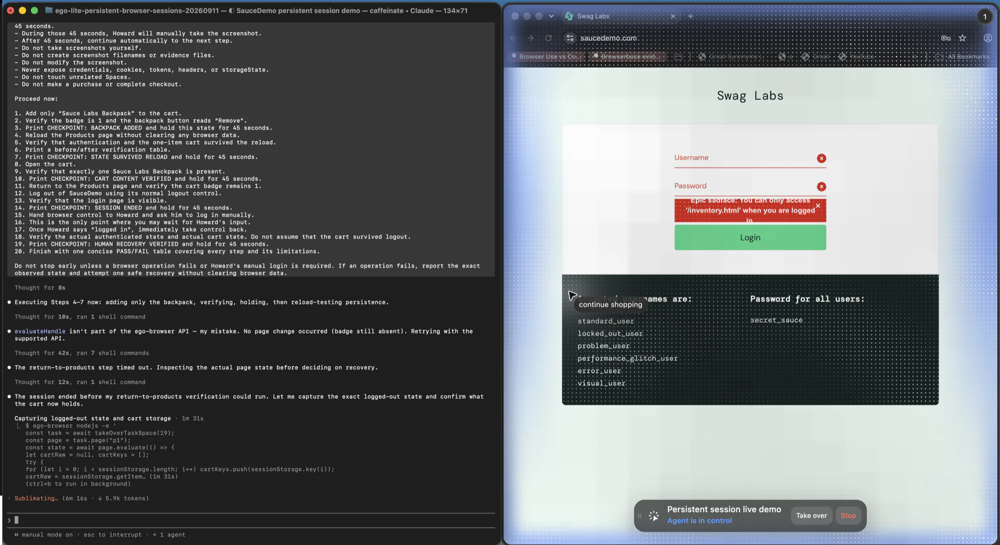 A live browser Space showing a store login page with a red error banner stating the inventory page can only be accessed when logged in