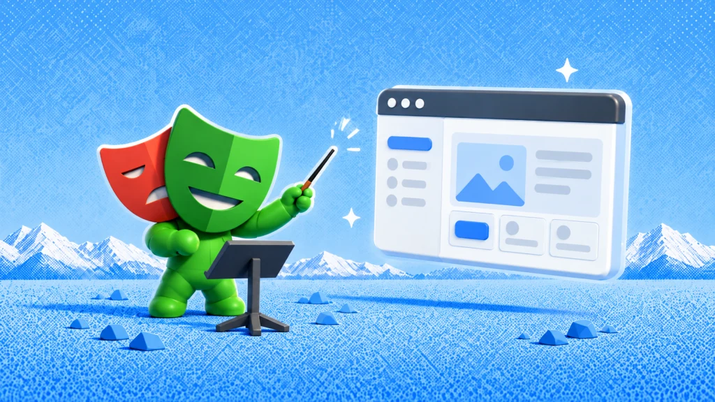 Playwright mascot presenting a browser interface on a blue illustrated background