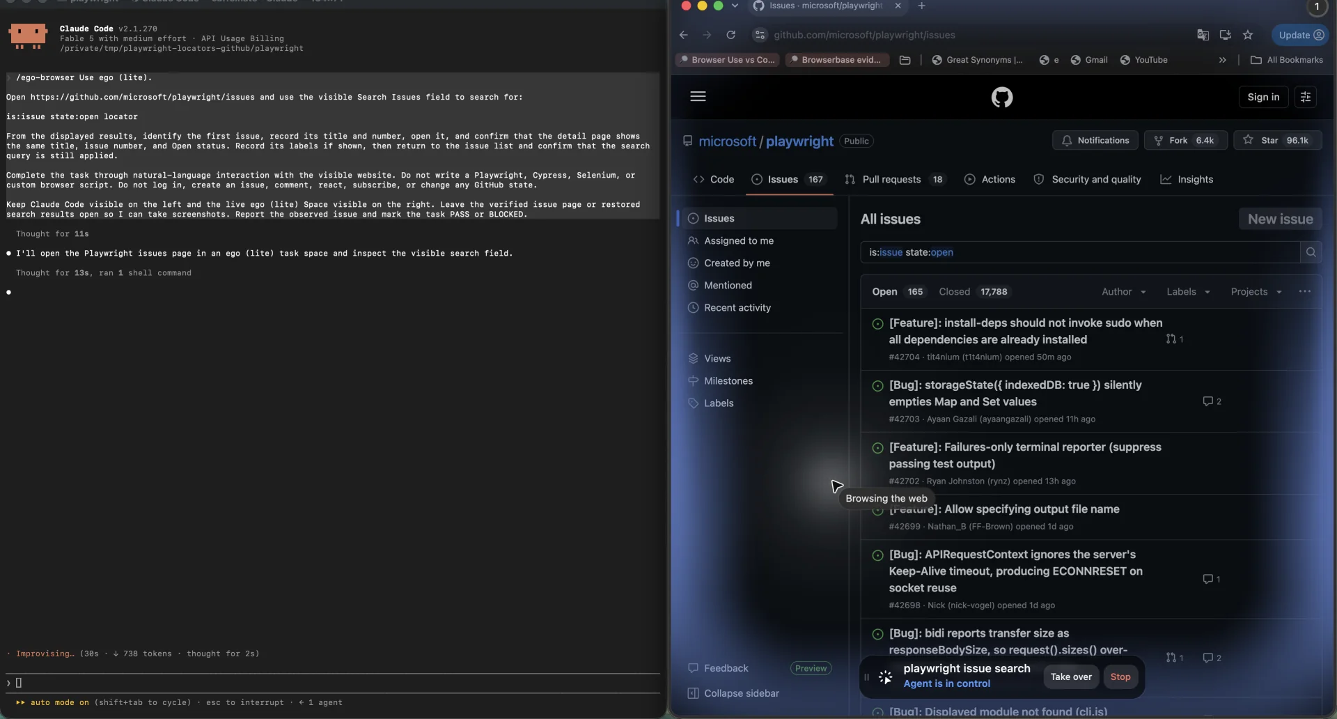 Claude Code giving a natural-language GitHub Issues task beside a live ego (lite) Space with Agent is in control, Take over, and Stop controls