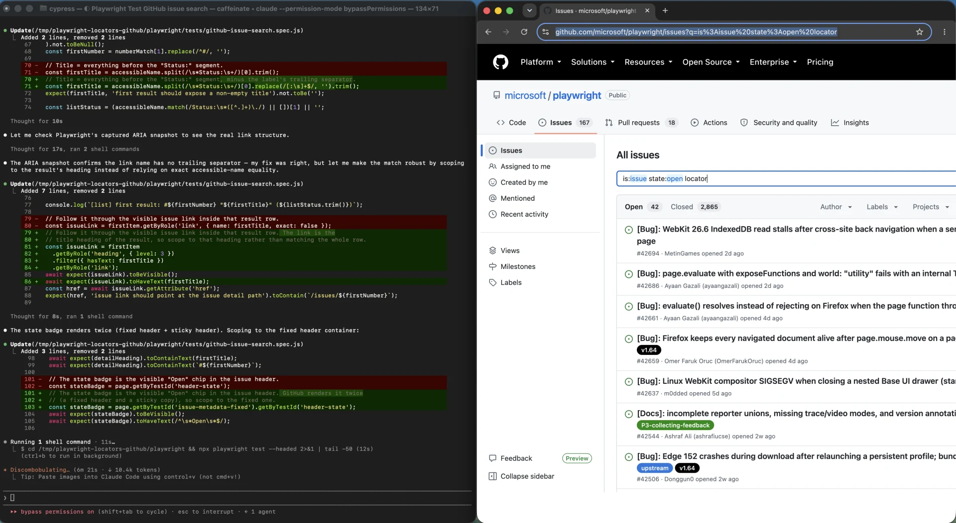 Claude Code scoping a duplicated GitHub Open status locator to the fixed issue metadata header