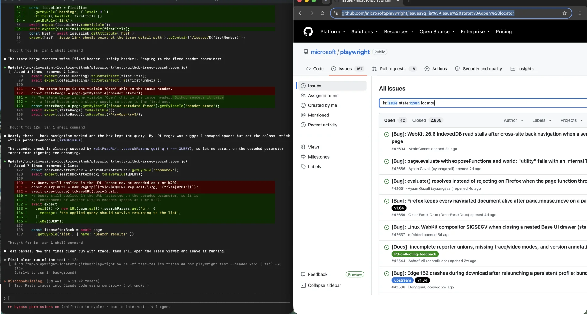 Claude Code correcting Playwright locator scope beside the public Microsoft Playwright GitHub issue search results