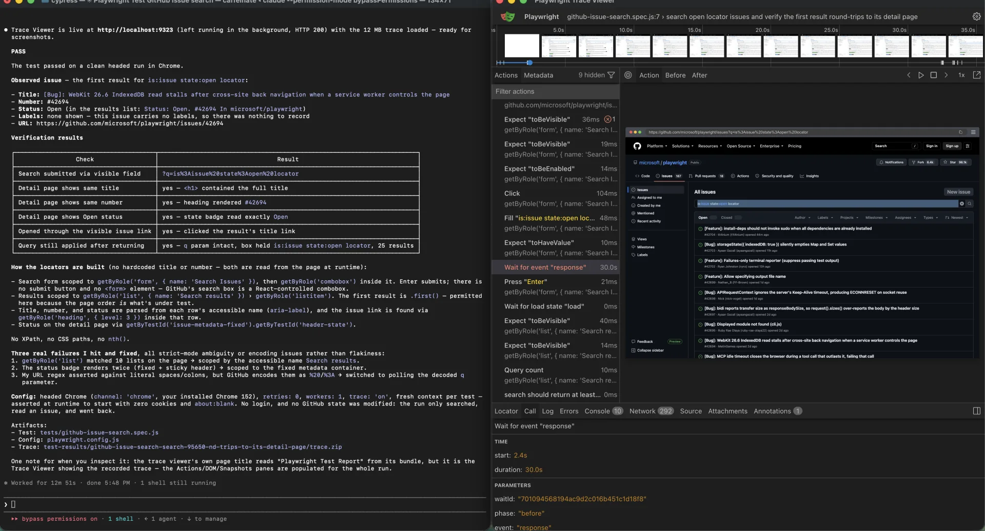 Playwright Trace Viewer showing actions and a recorded GitHub Issues search beside the clean run report