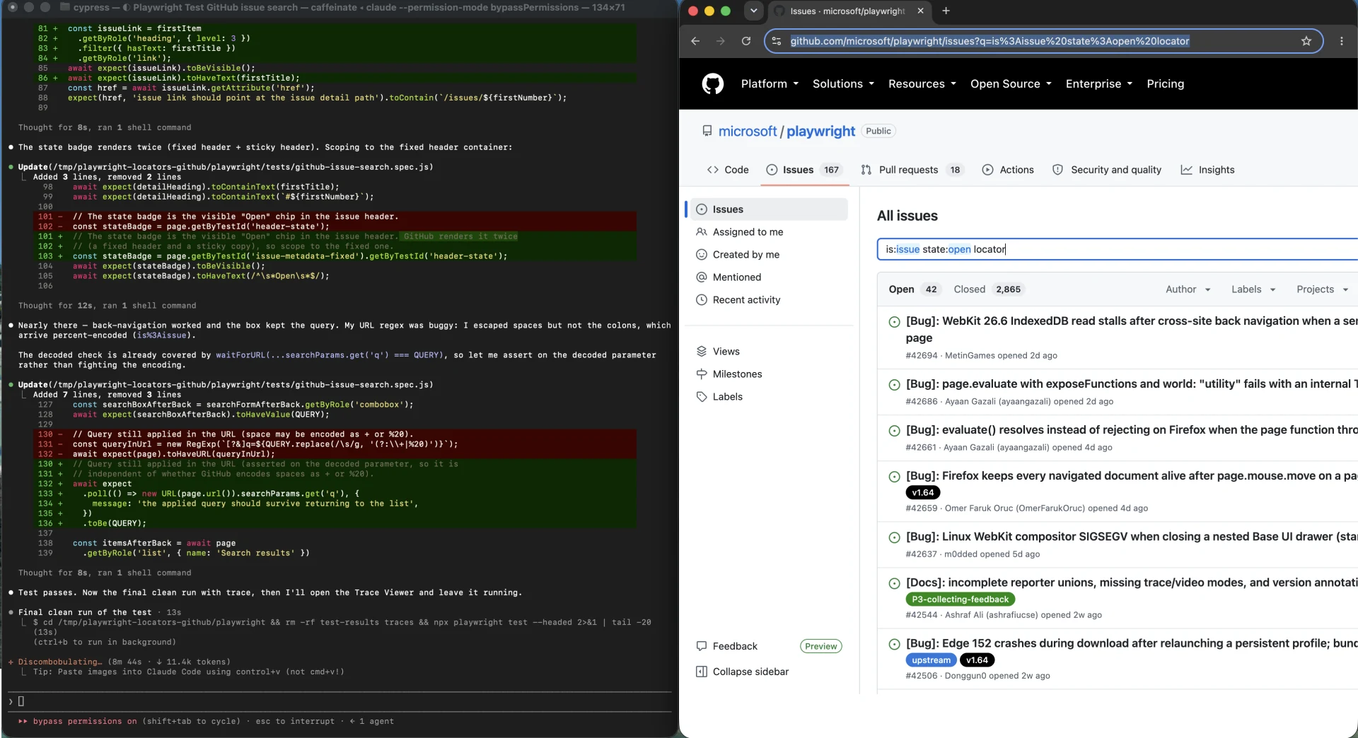 Claude Code replacing a brittle encoded URL assertion with a decoded query-state check after GitHub back navigation