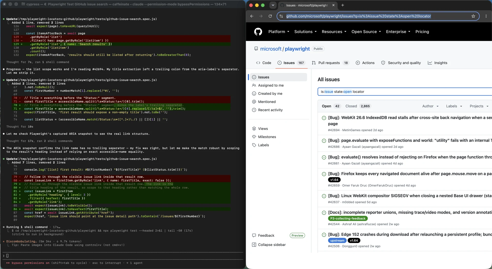 Claude Code narrowing a Playwright GitHub Issues locator to the named Search results list and title heading