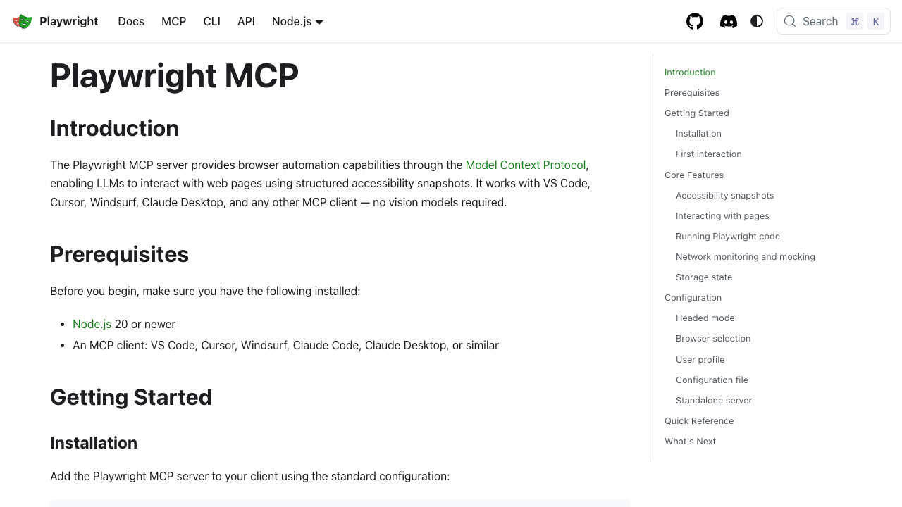 Official Playwright MCP guide opened during a Playwright MCP 0.0.80 protocol run