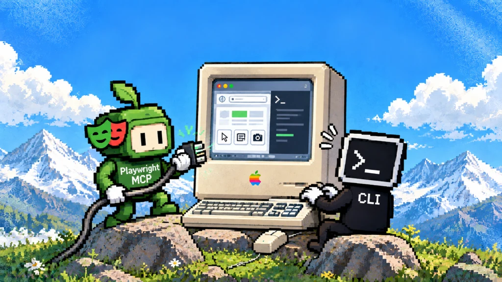 Pixel-art Playwright MCP and CLI agents connecting to a browser and terminal