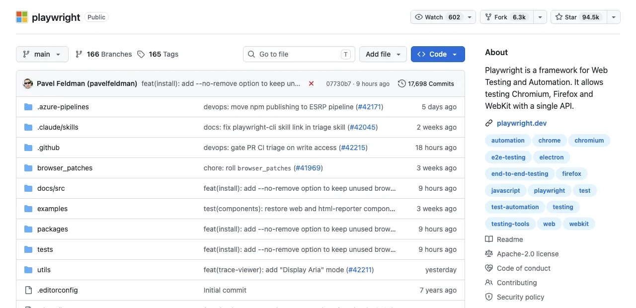 The microsoft/playwright GitHub repository: framework for Web Testing and Automation covering Chromium, Firefox and WebKit with a single API