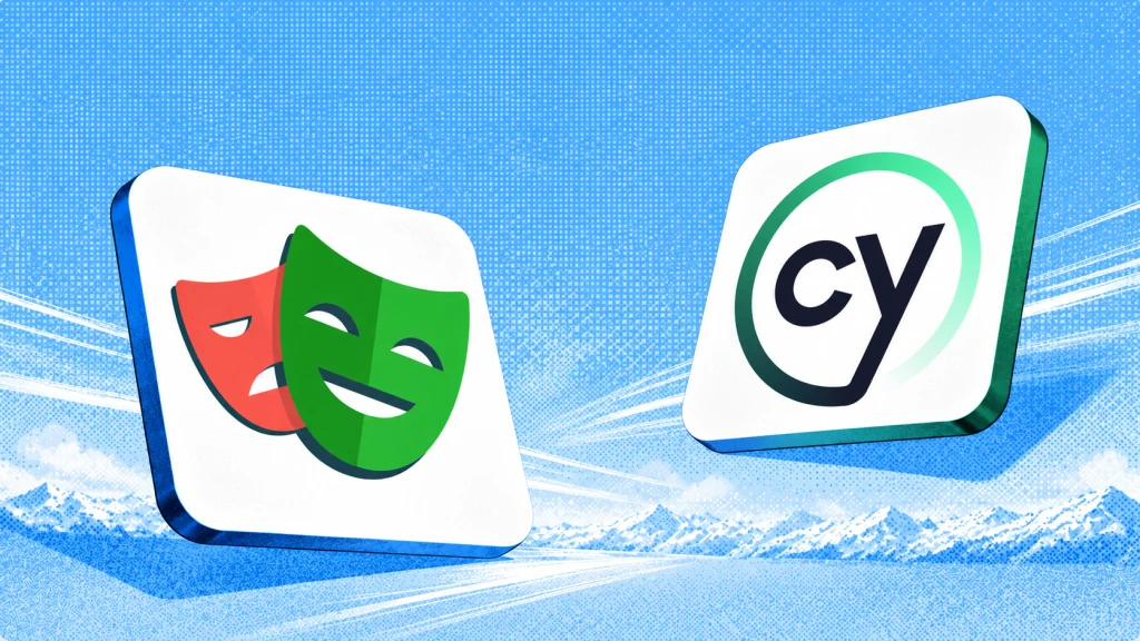 Playwright and Cypress logos facing each other on a blue illustrated background