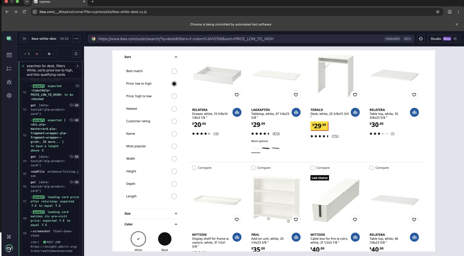 Cypress Runner showing one passing IKEA test with the White filter active and Price low to high selected