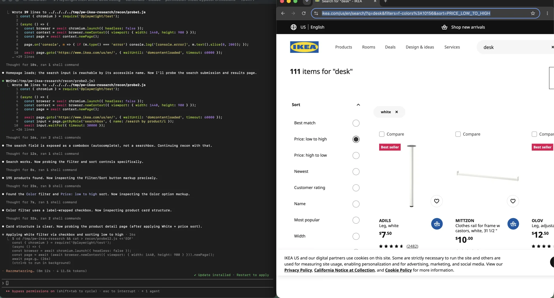 Claude Code running Playwright beside IKEA search results with the White filter active and Price low to high selected