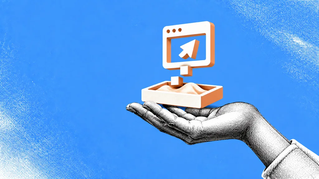 An engraved hand holds a sandbox tray while a browser window rises above it