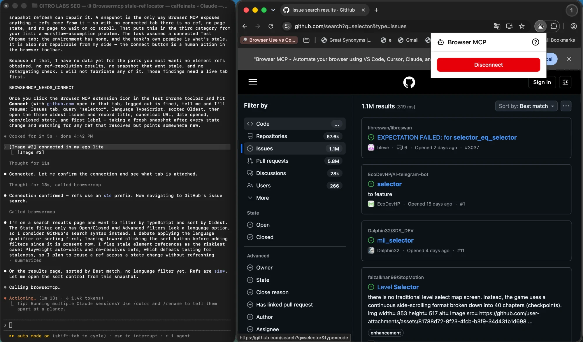 A browser automation session refusing to fabricate findings while no tab is connected, then confirming the connection and its reference prefix after the extension is attached