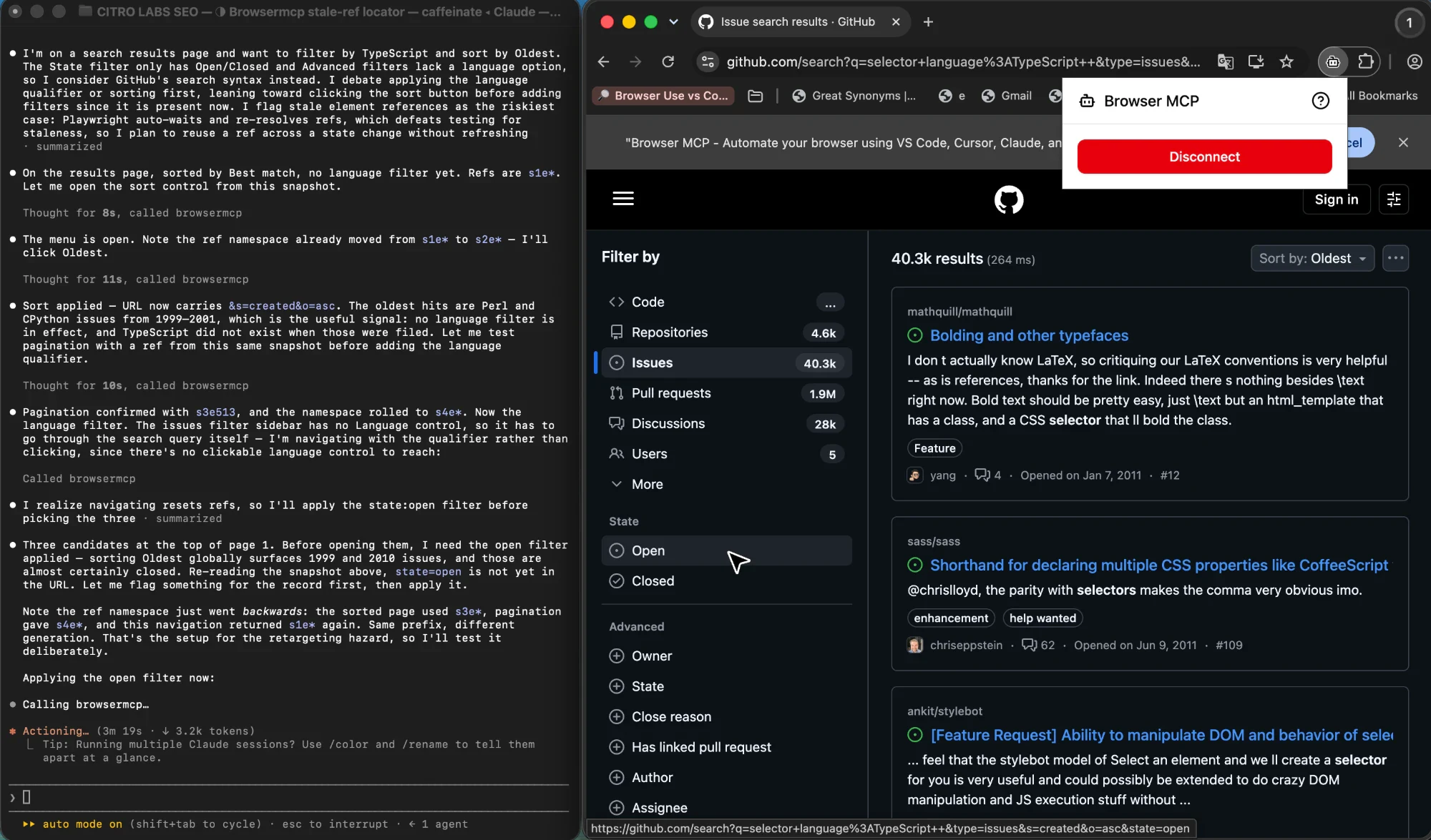 A browser automation session noting that its element reference namespace advanced and then rolled back to an earlier generation after navigation