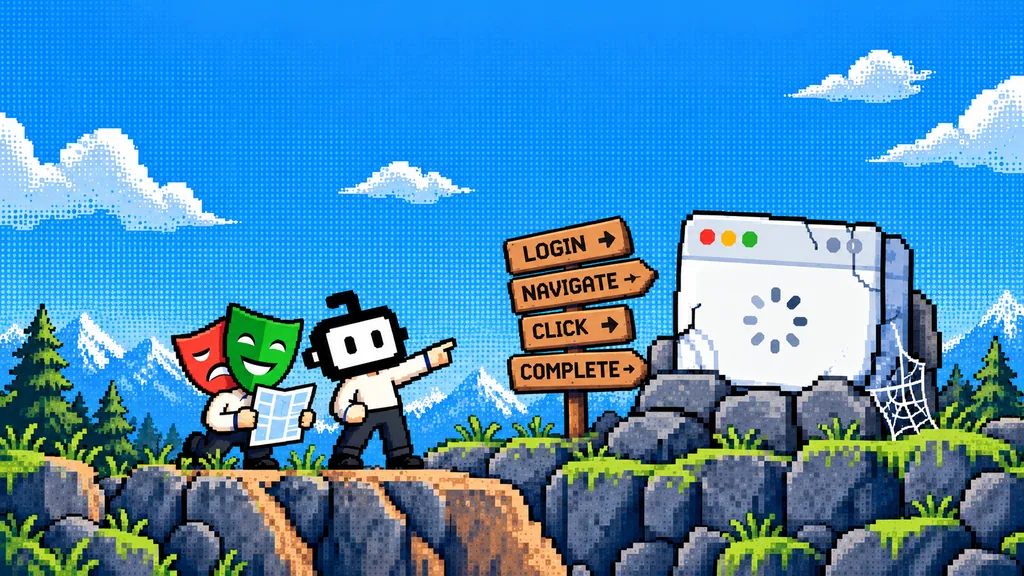 Illustrated robot at a signpost marked login, navigate, click, and complete, beside a second figure holding a map and a loading browser window