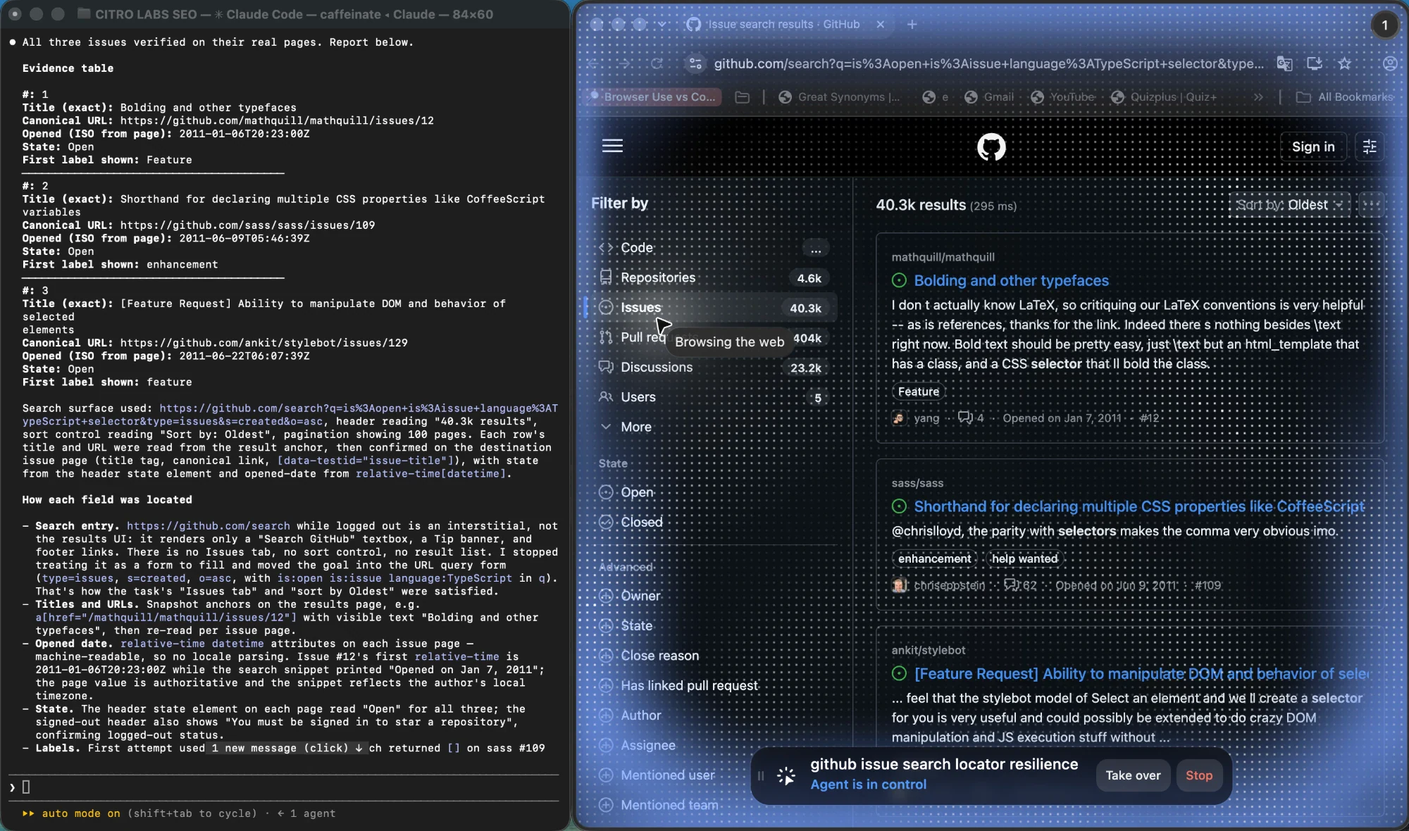 An ego (lite) agent session reporting the three oldest open issues with canonical URLs and ISO opened dates, beside the GitHub search results page it read