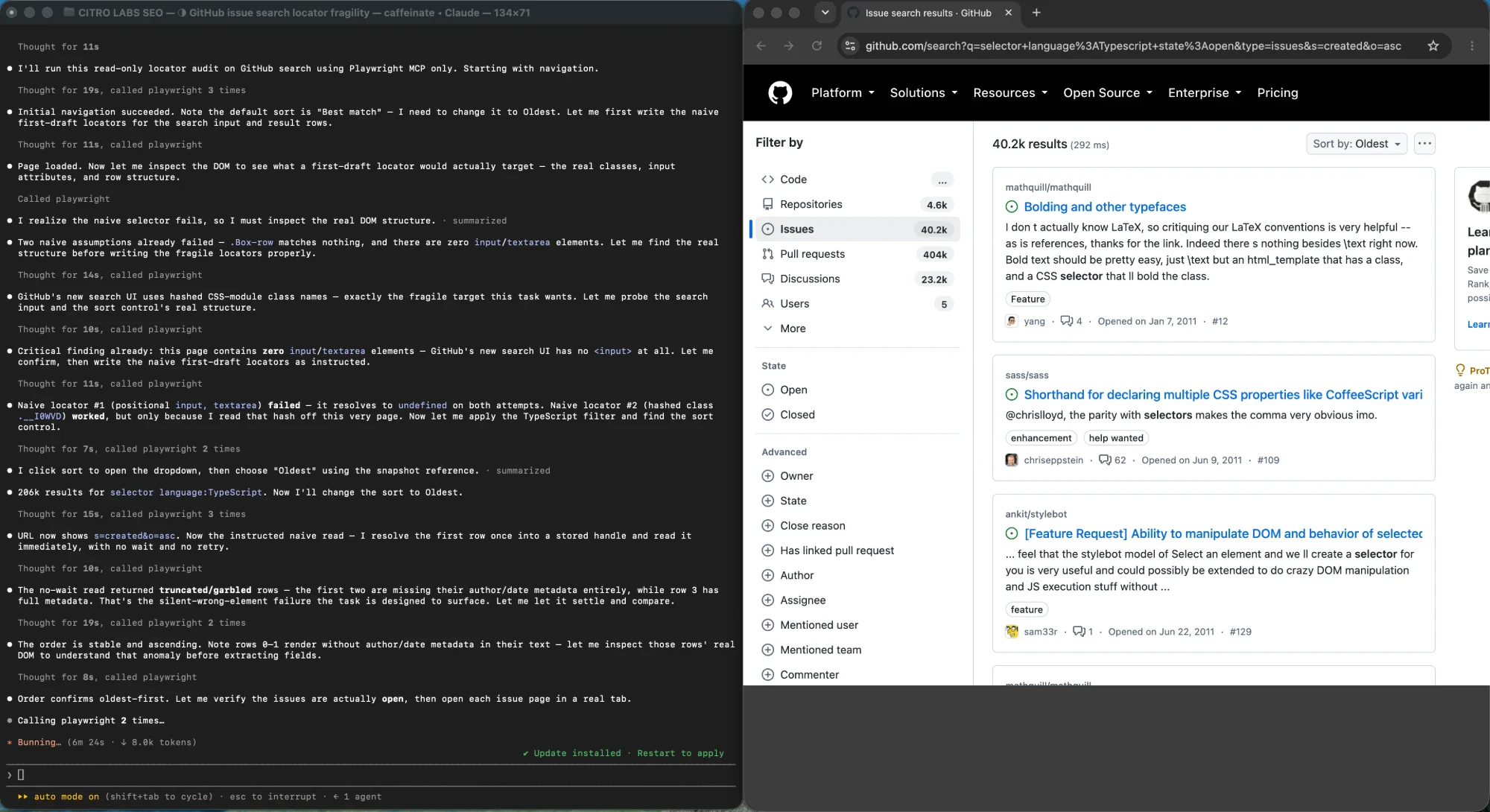 A browser automation terminal showing that a read taken immediately after changing sort order returned rows missing their author and date metadata