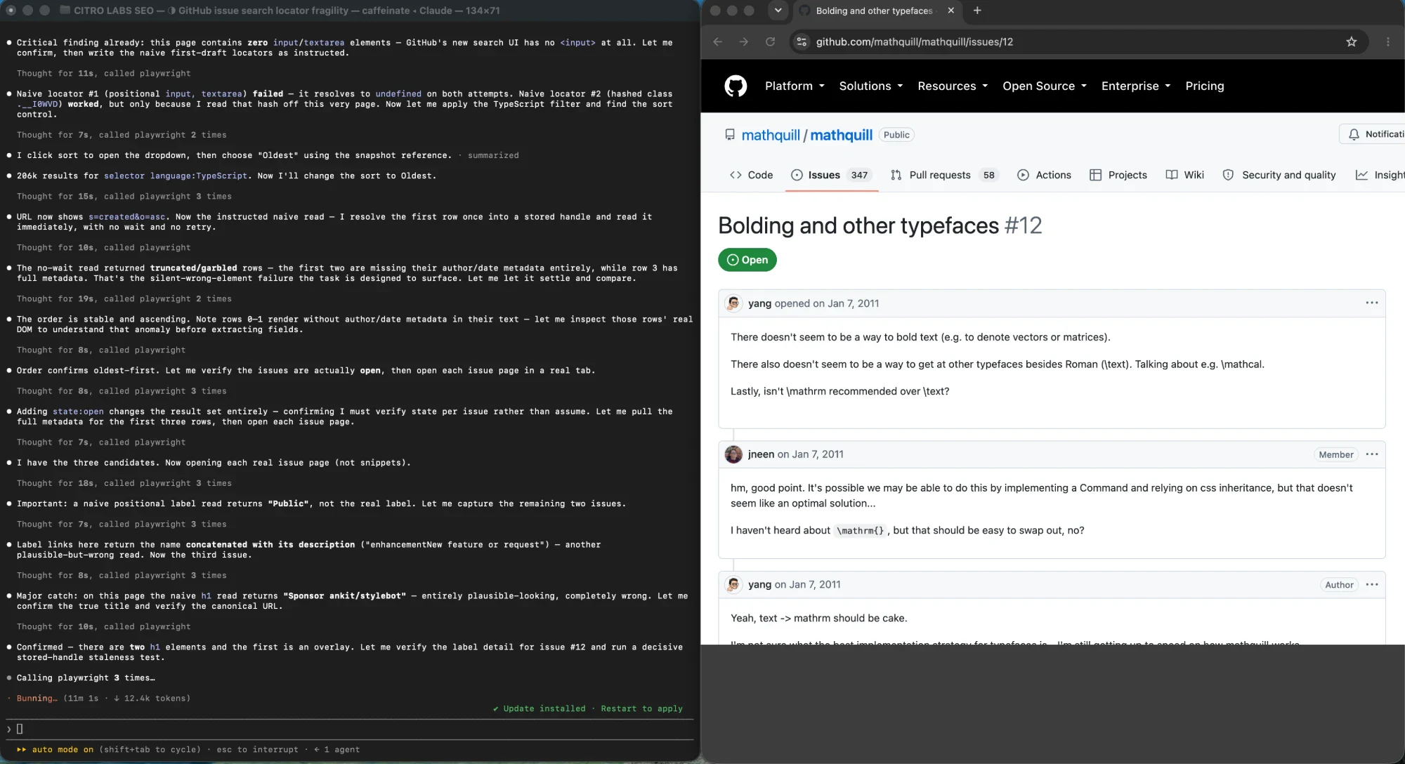 A browser automation terminal showing that a positional heading read returned the repository's sponsor name instead of the issue title