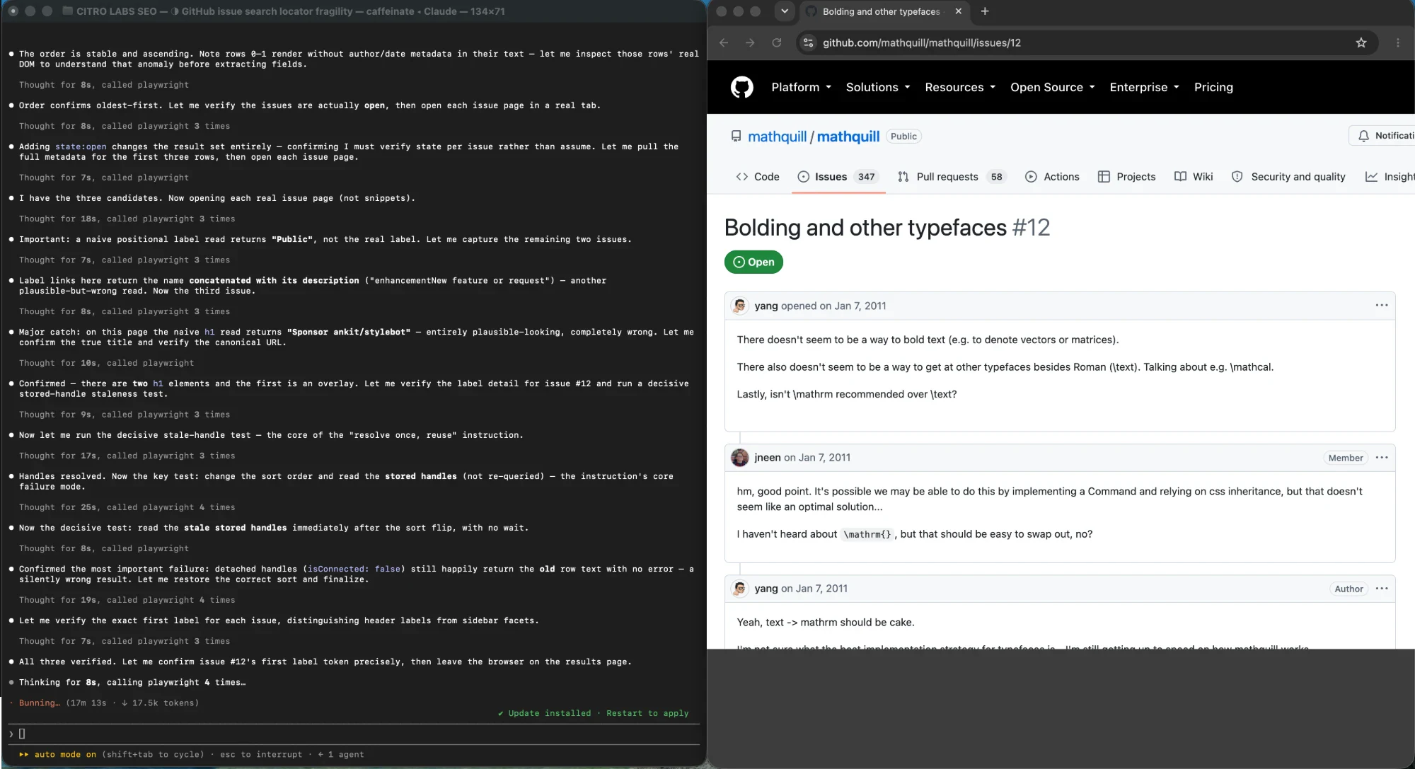 A browser automation terminal showing that detached element handles still returned the previous row's text without raising an error, beside the GitHub issue search page they were read from