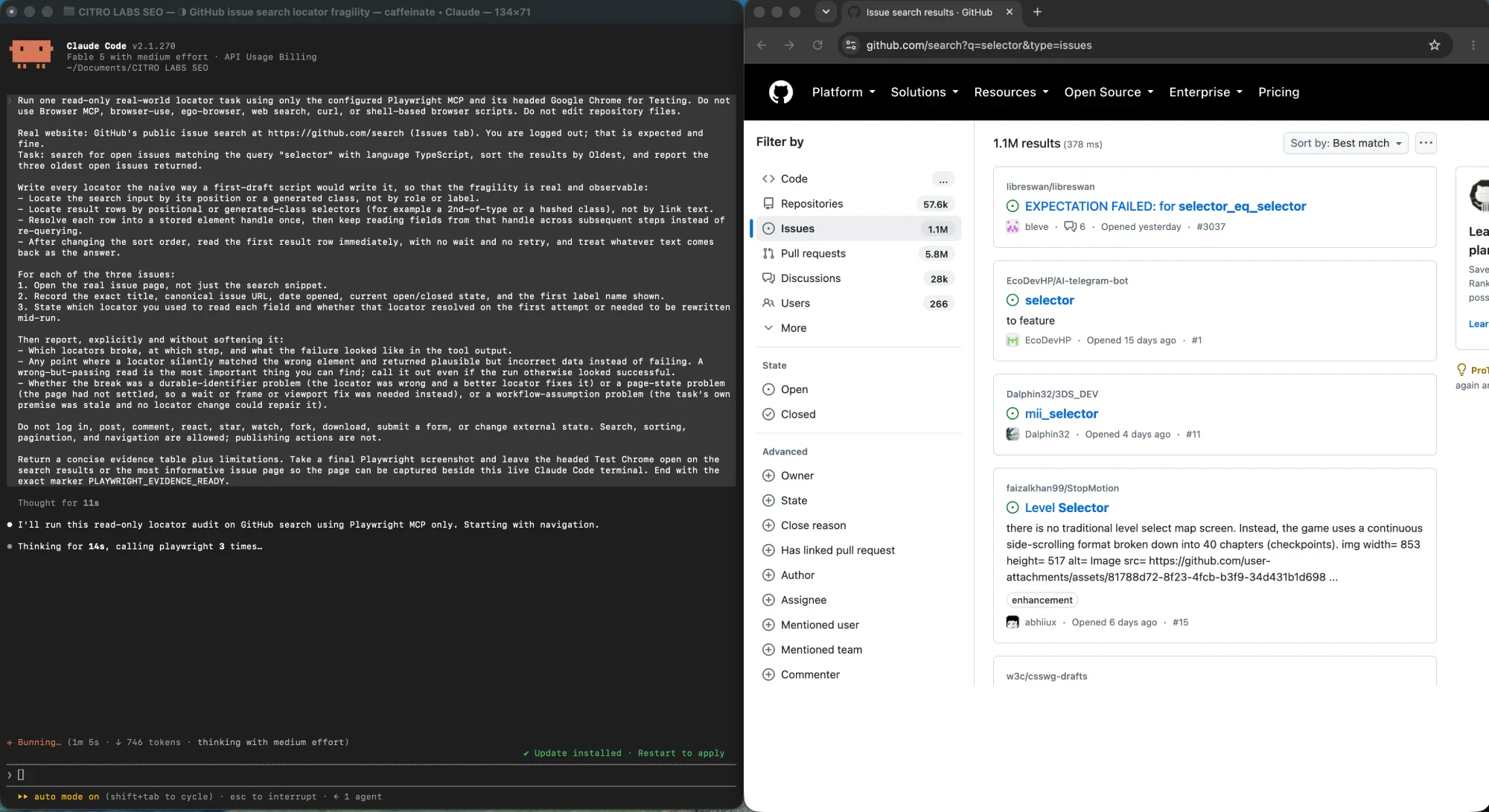 A logged-out GitHub issue search for the query selector showing over a million results sorted by best match, beside the browser automation terminal that had just started the same task