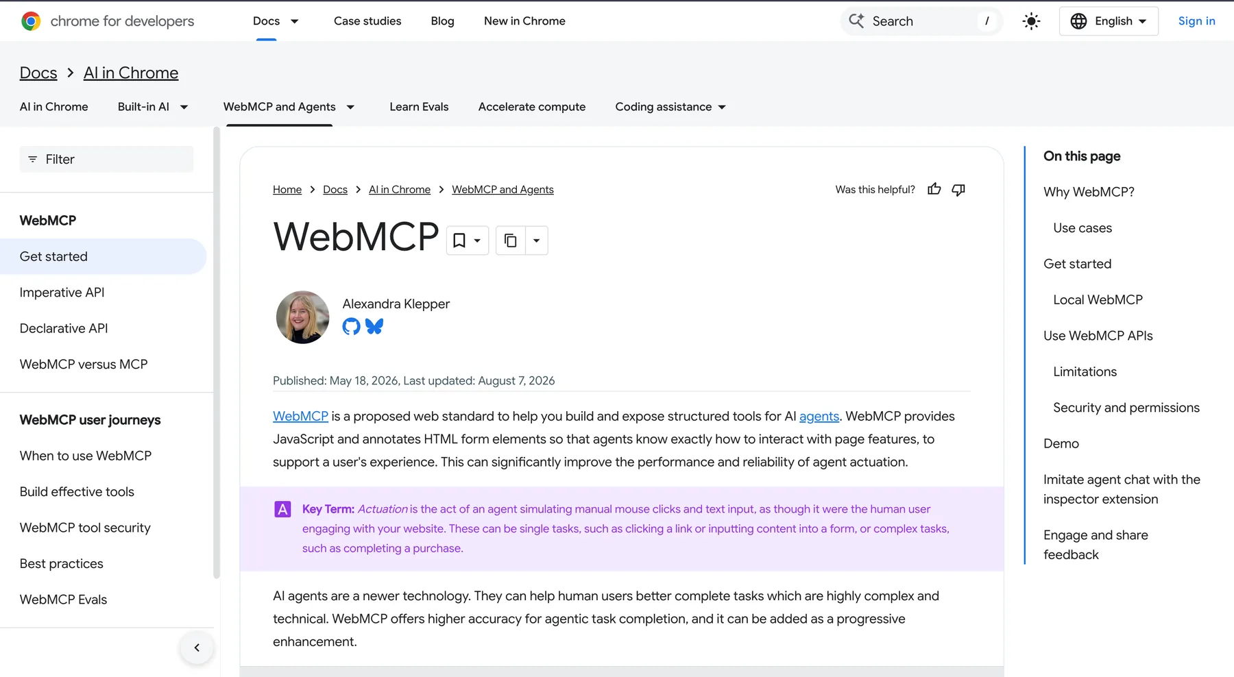 Chrome for Developers WebMCP documentation showing the definition, navigation, and page outline