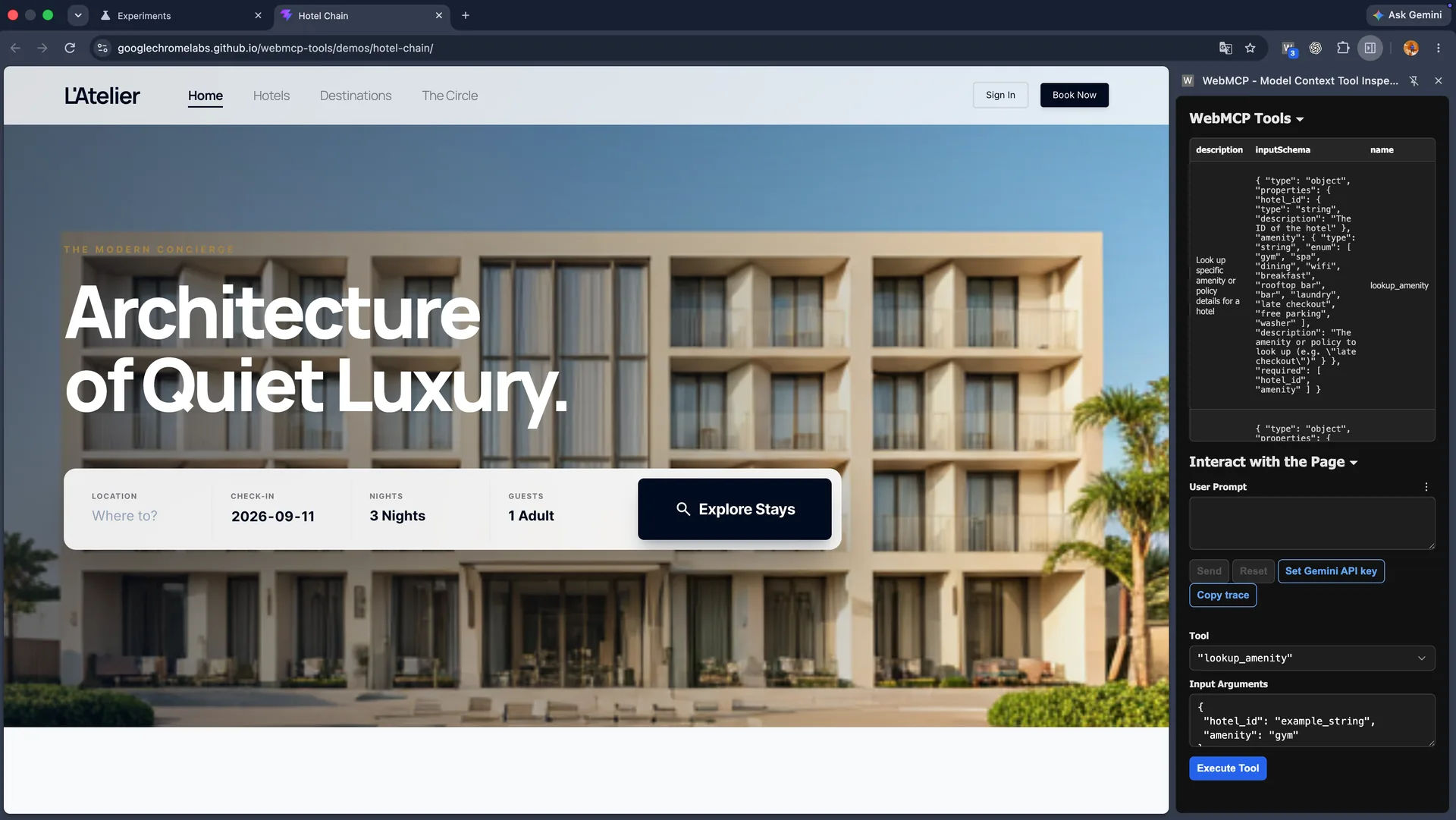 Chrome Labs Hotel Chain demo beside the WebMCP Inspector listing lookup_amenity, search_location, and view_hotel schemas