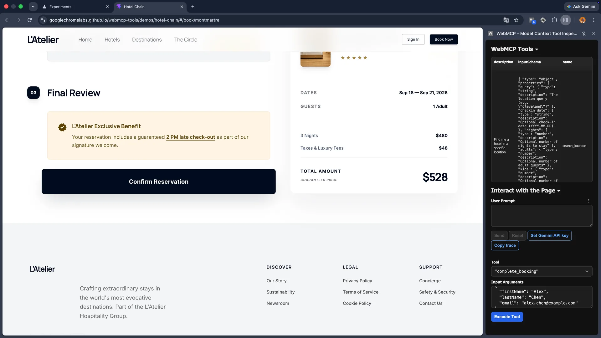 Hotel booking review page showing a Confirm Reservation button beside the WebMCP complete_booking tool input