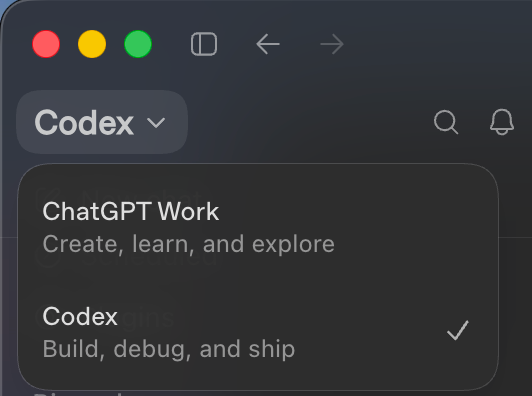 Switch the ChatGPT desktop app to Codex mode