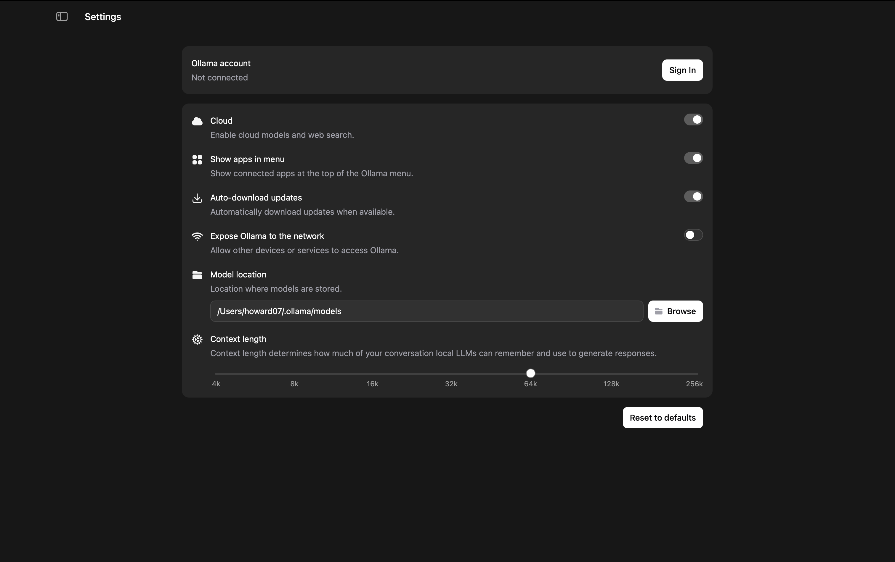 Set Ollama application context length to 64k