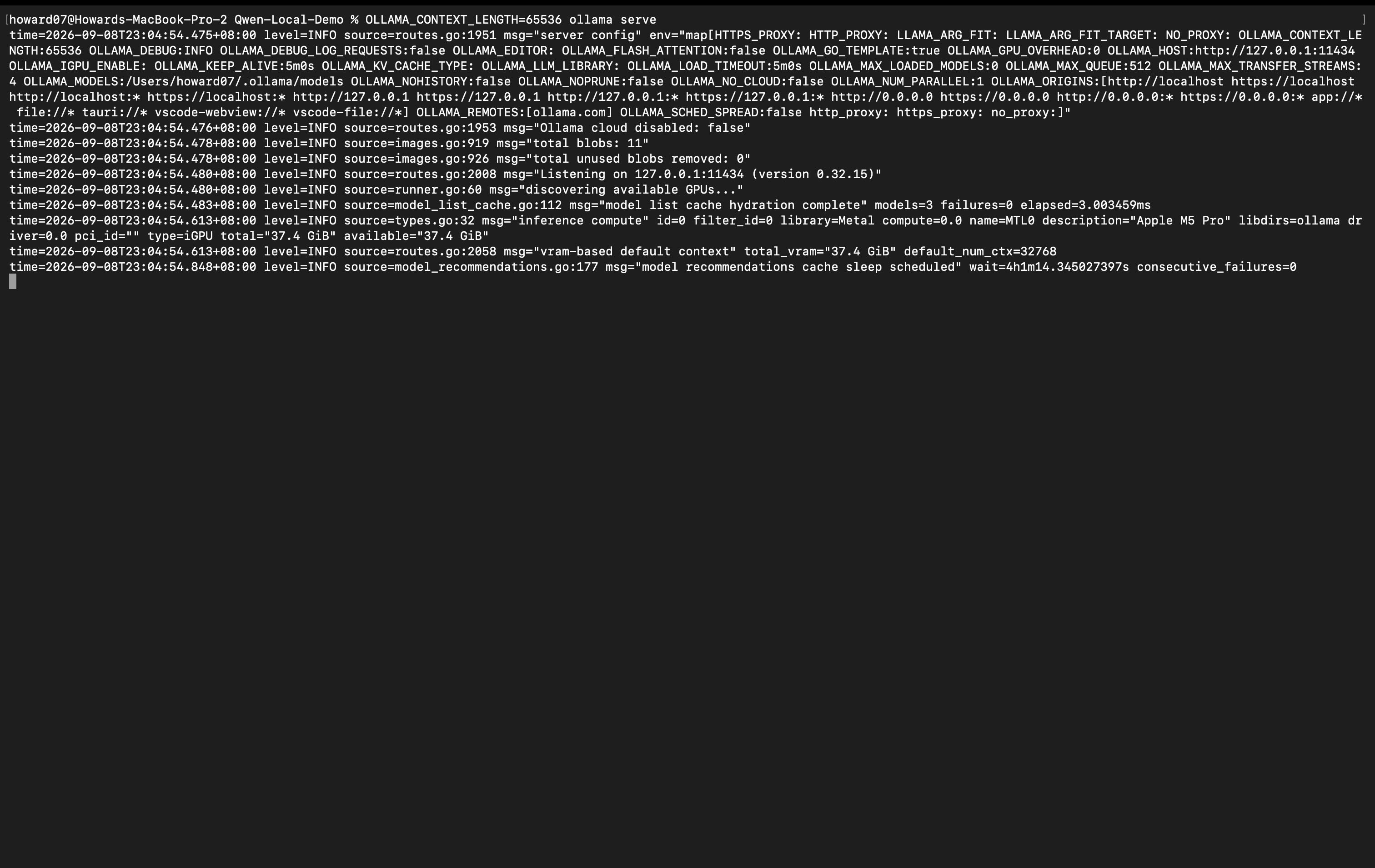 Start Ollama CLI with a 65536-token context setting