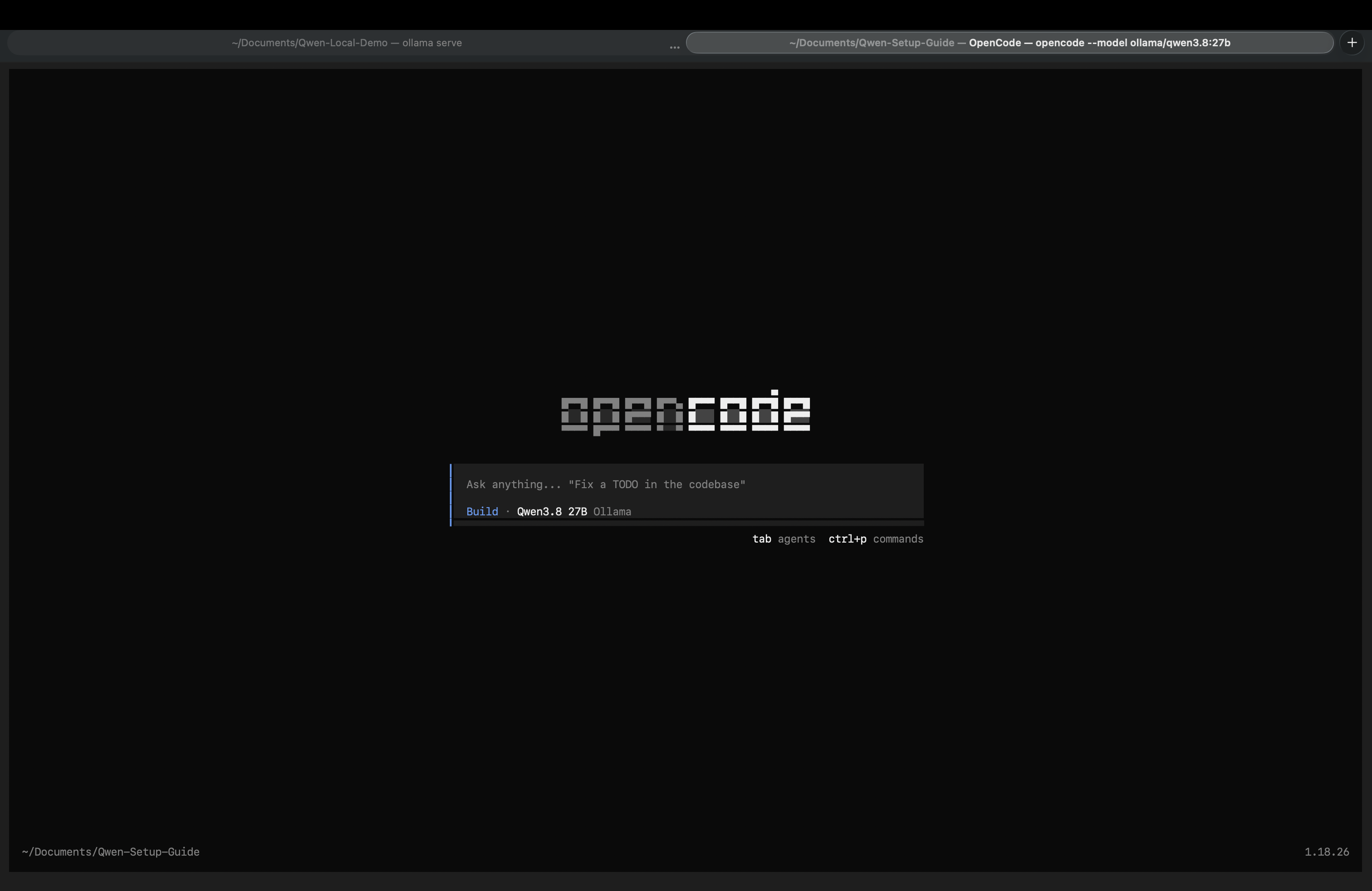 OpenCode TUI with Qwen3.8 27B from Ollama in Qwen-Setup-Guide