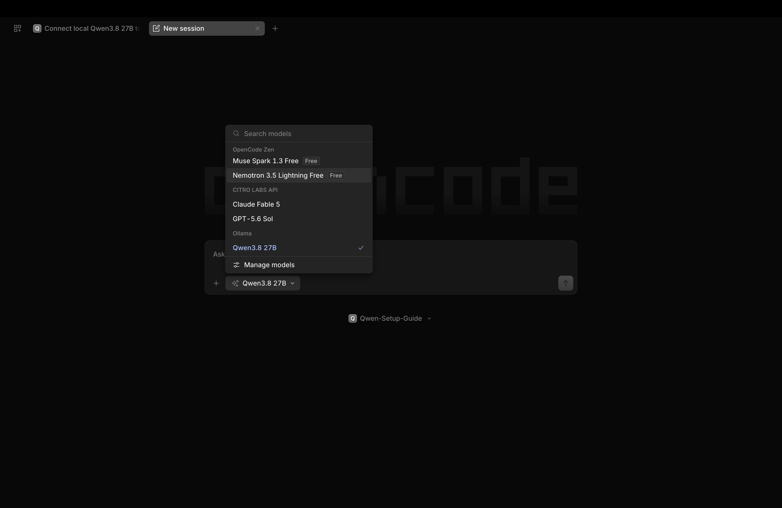 Select Qwen3.8 27B under Ollama in the OpenCode model menu